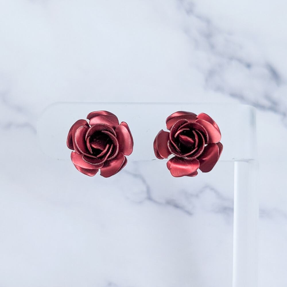 Vintage Clip On Earrings Red Rose - Metal 3D - Loose Clips